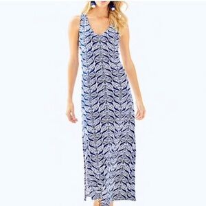 Lilly Pulitzer 100% Pima Cotton Blue Floral Waves Print along Maxi Dress Medium